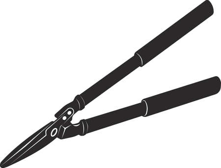 Brush cutter for pruning trees, shrubs. Agricultural tools. Black flat symbol. Isolated image on a white background.のイラスト素材