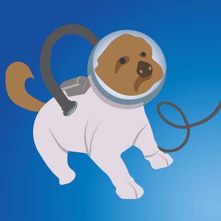 A dog in a spacesuit in outer space. The flight of an animal into space. Vector illustration.のイラスト素材