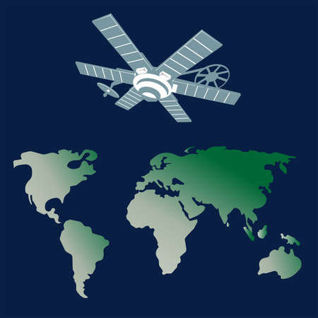 A television satellite station in space. The station is located near the planet Earth. A spaceship in outer space. Vector illustration.のイラスト素材