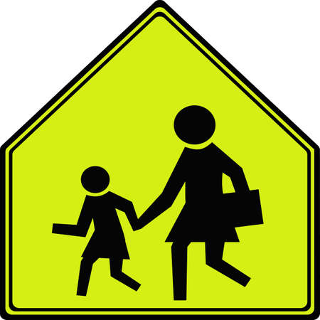 Road sign school pedestrian crossing. Warning to motorists on the road. Vector image.
