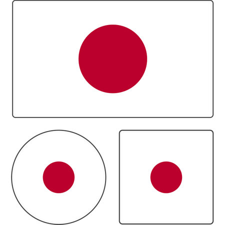 Flags of the countries of the world. State flag of Japan. Rectangular, round and square shapes. Red and white vector illustration.のイラスト素材
