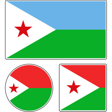 Flags of the countries of the world. National flag of Djibouti. Star flag. Rectangular, round and square shapes. Red white red green vector illustration.のイラスト素材