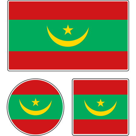 Flags of the countries of the world. National flag of Mauritania. Illustration with star and moon. Rectangular, round and square shapes. Red yellow green vector illustration.のイラスト素材