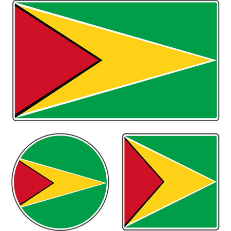 Flags of the countries of the world. The national flag of Guyana. Rectangular, round and square shapes. Red yellow green vector illustration.のイラスト素材