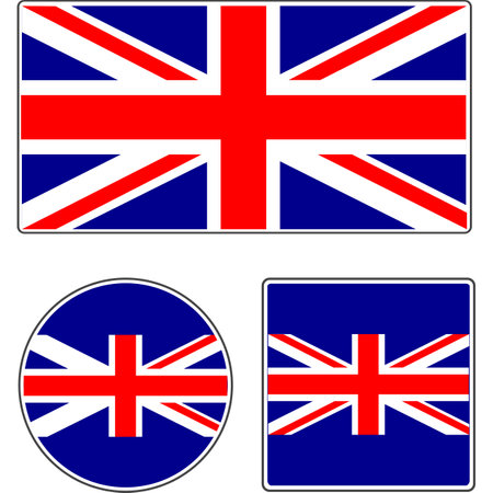 Flags of the countries of the world. The national flag of Great Britain. Rectangular, round and square shapes. Blue-red-white vector illustration.のイラスト素材