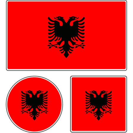 Flags of the countries of the world. State flag of Albania. Rectangular, round and square shape. Red vector illustration with coat of arms.のイラスト素材