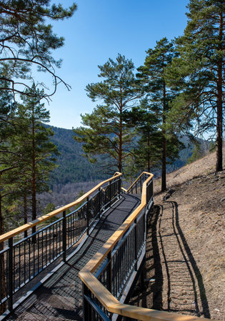 Metal stairs with wooden railings on the mountain. Staircase in the national park.の写真素材