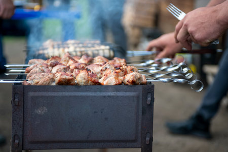 Grilled meat on skewers in an iron grill. Cooking on coals. Picnic in nature.の写真素材