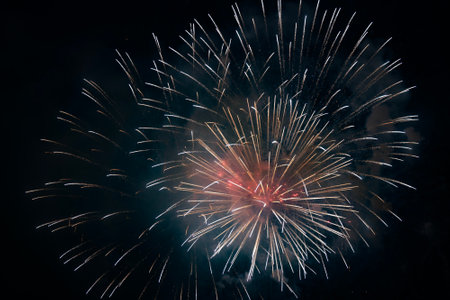 A magnificent ball of yellow fireworks against the black sky. Fireworks at a city festival.