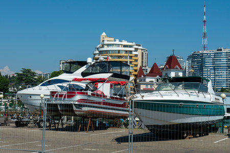 Boats at the port of the resort town. Boats at the seaport.の写真素材