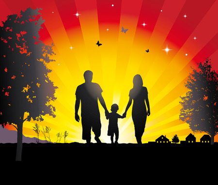 Young family walking in the village.のイラスト素材
