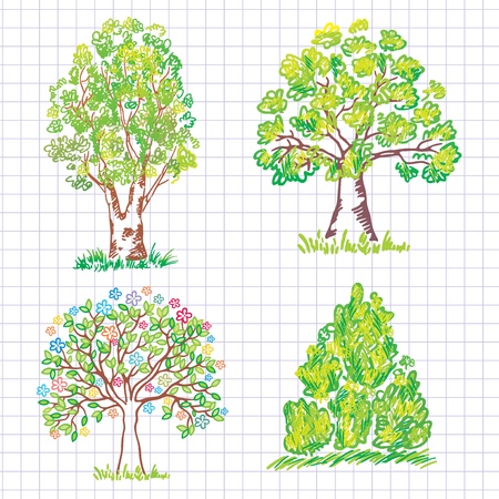 Set of beautiful green trees. Doodle. のイラスト素材