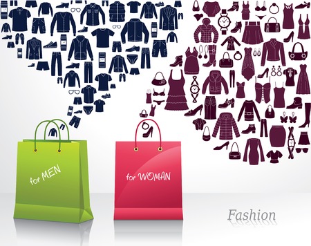 Conceptual background with women s and men s fashion. Shopping.のイラスト素材