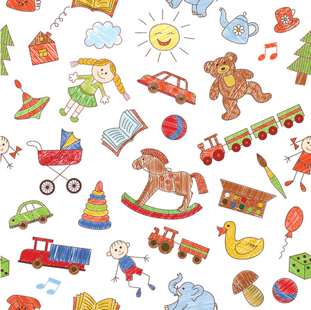 Colorful seamless pattern, childish doodles. Vector background.のイラスト素材