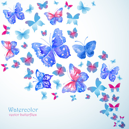 Blue watercolor butterflies. Summer banner.のイラスト素材