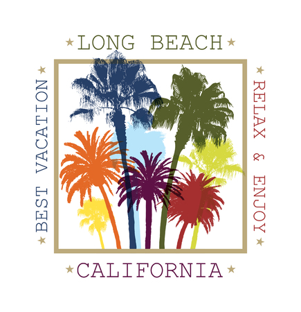 Exotic Travel Background with Palm Trees for Long Beach, California. Summer Print for T-Shirt.のイラスト素材