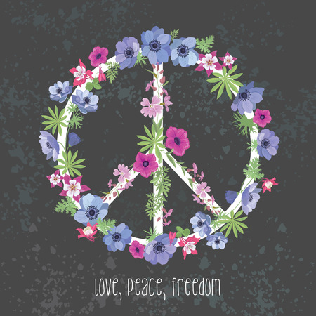 Peace Hippie Symbol with Flower. Fashion Design for T-shirt.のイラスト素材