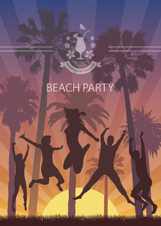 Summer Exotic Banner with Palm Trees for Beach Party. Young People enjoy on the Holiday. Exotic Landscape for Tourism.のイラスト素材