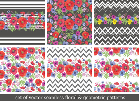 Set of Beautiful Seamless Patterns with Flower, Zigzag and Stripes . Summer Ornaments with Poppies and Anemones. Vector Backgrounds with Garden Flowers.のイラスト素材