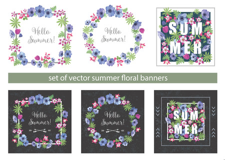 Set of Floral Summer Greeting Cards Design with Anemone and Fuchsia. Fashion Prints for T-shirt . Flower Frames with Slogan.のイラスト素材