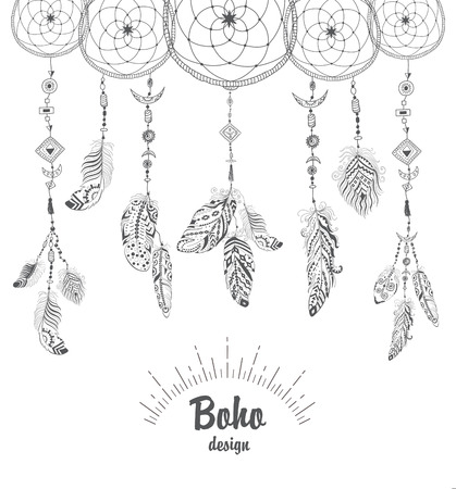 Background with Native American Indian Talisman Dream catcher and Feathers. Vector Ethnic Design, Boho Style.のイラスト素材
