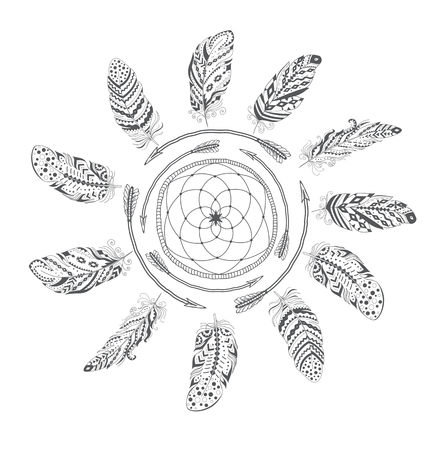 Boho Style with Ethnic Arrows and Feathers. American Indian Motifs for T-shirt . Vector Ethnic Decoration.のイラスト素材