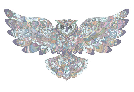 Stylized Decorative Owl. Drawing for Coloring Book or Print for T-shirt .のイラスト素材