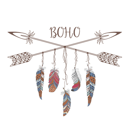 Boho Style for T-shirt and Decoration. Abstract Design with Bird Feather and Arrow .のイラスト素材