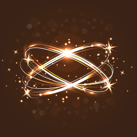 Neon crossed circles light lines effect. Magic fire rings. Glowing circles on the brown background.のイラスト素材