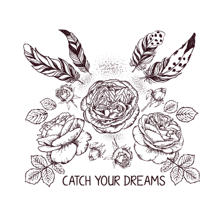 Hand drawn boho style design with rose flower, arrow and feathers. Hippie fashion decoration for t-shirt or tattoo. Ethnic Style with motivate Slogan .のイラスト素材