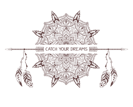 Hand drawn boho style design with mandala, arrow and feathers. Fashion decoration for t-shirt or tattoo. Ethnic Style with motivate Slogan .のイラスト素材