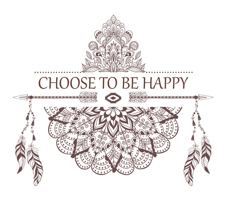 Hand drawn boho style design with mandala, arrow and feathers. Fashion decoration for t-shirt or tattoo. Ethnic Style with motivate Slogan .のイラスト素材