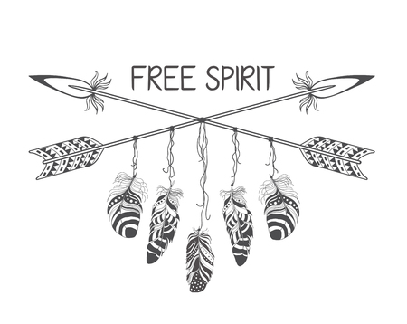 Hand drawn boho style design with arrow and feathers. Hippie fashion decoration for t-shirt or tattoo.のイラスト素材