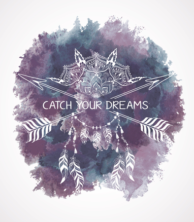 Hand drawn boho style design with mandala, arrow and feathers on the watercolor background. Fashion decoration for t-shirt . Ethnic Style with motivate Slogan .のイラスト素材