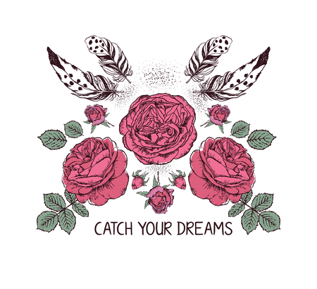 Hand drawn boho style design with rose flower and feathers. Hippie fashion decoration for t-shirt or tattoo with motivational quote .のイラスト素材