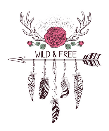 Hand drawn boho style design with rose flower, arrow and feathers. Hippie fashion decoration for t-shirt or tattoo. Ethnic Style with motivate Slogan .のイラスト素材