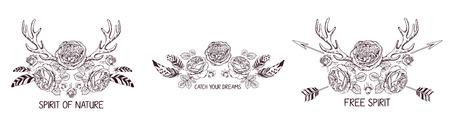 Set of hand drawn boho style design with rose flower, arrow and feathers. Hippie fashion decoration for t-shirt or tattoo.のイラスト素材