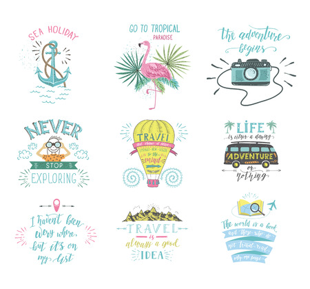 Set of Summer hand-lettering labels. Travel and tourism emblems. Designs with quotes for t-shirt and poster.のイラスト素材