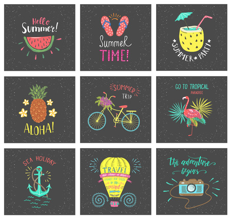 Set of Summer hand-lettering labels. Tropical emblems. Travel postcards with quotes. Designs for t-shirt and poster.のイラスト素材