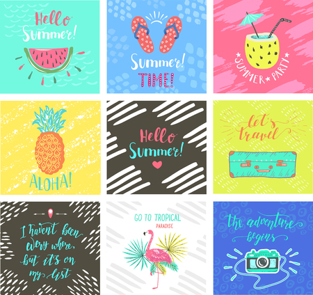 Set of Summer hand-lettering labels. Tropical emblems. Travel postcards with quotes. Designs for t-shirt and poster.のイラスト素材