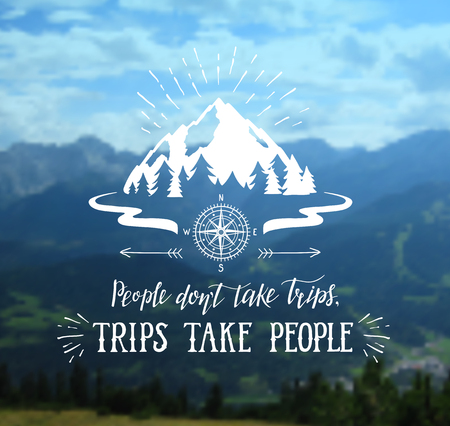Mountain and forest. Vector hand drawn travel illustration for t-shirt print or poster with hand-lettering quote. Wanderlust poster. Summer landscape.のイラスト素材