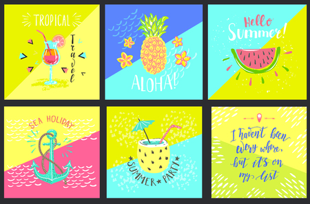 Set of Summer hand-lettering labels. Tropical emblems. Travel postcards with quotes. Designs for t-shirt and poster.のイラスト素材