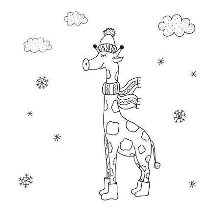Funny giraffe. Nursery art. Minimalist scandinavian style. Character for kids card, print for t-shirt and more. Winter season.のイラスト素材