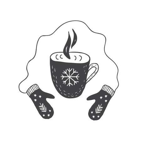 Mittens and cup of hot tea or coffee. Minimalist scandinavian style. Graphic for kids card, print for t-shirt and more. Winter season.のイラスト素材