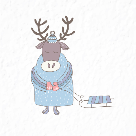 Funny deer with a sleigh. Nursery art. Minimalist scandinavian style. Character for kids card, print for t-shirt and more. Winter season.のイラスト素材