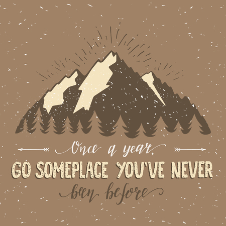 Mountain and forest. Vector hand drawn travel illustration for t-shirt print or poster with hand-lettering quote. Wanderlust poster.のイラスト素材