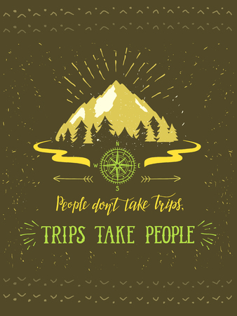 Mountain and forest. Vector hand drawn travel illustration for t-shirt print or poster with hand-lettering quote. Wanderlust poster.のイラスト素材