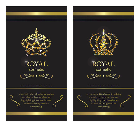 Gold crown luxury label emblem or packing logo design. Fashion banner with glitter and shine.のイラスト素材