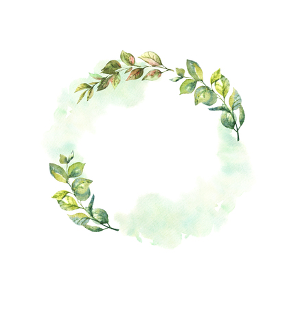 Spring wreath with leaves and washes. Floral background for invitation, wedding, greeting cards, banners, decorations.の写真素材