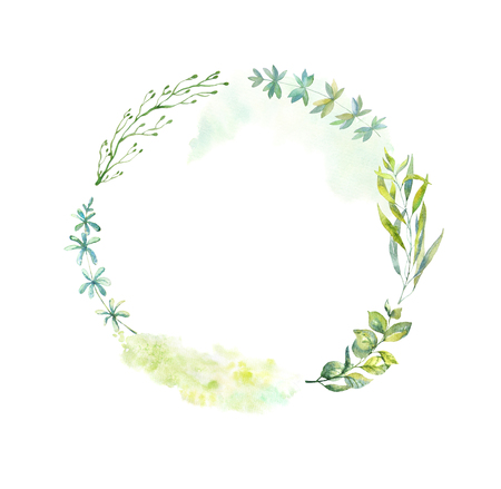 Spring wreath with leaves and washes. Floral background for invitation, wedding, greeting cards, banners, decorations.の写真素材